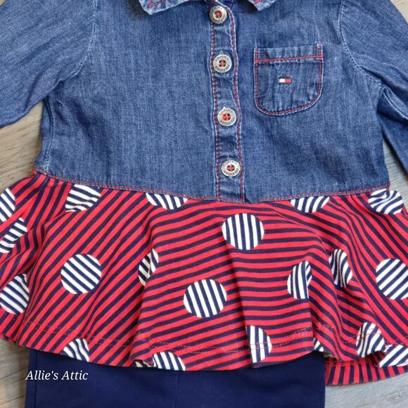 Tommy Hilfiger Baby Girls LS Top Capri Pants Set Outfit Red White Blue 0-3 Mo - Picture 2 of 7